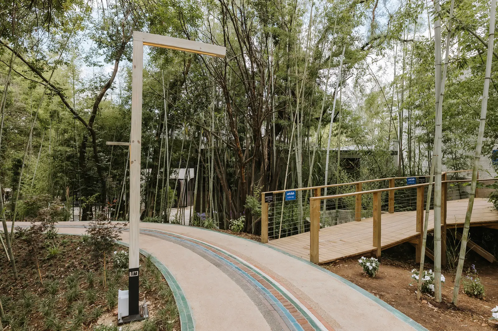 The lane with its teal and grey stripes, curving over a wooden bridge through the bamboo