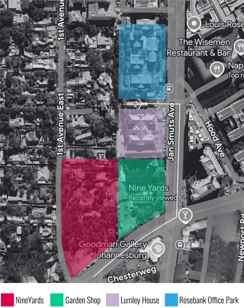 Aerial site plan with four coloured plots: Nine Yards in red, Garden Shop in green, Lumley House in lilac and Rosebank Office Park in blue