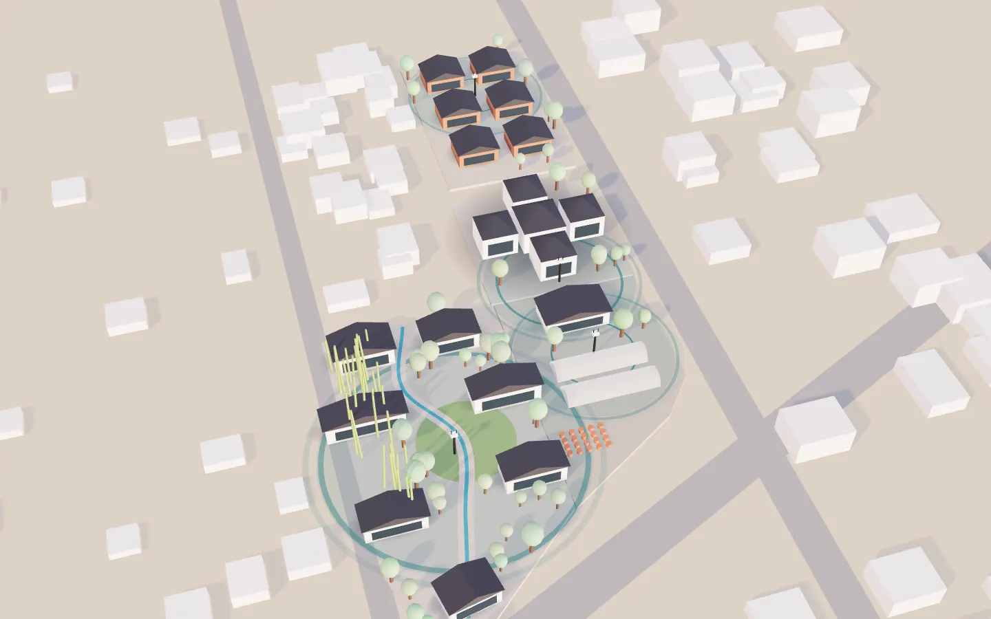 The whole precinct with a pole standing in each block and rings of coverage spreading across the ground.