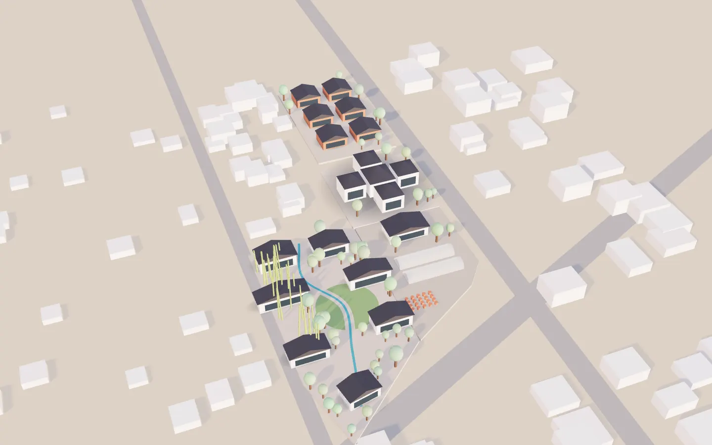 The four blocks raised from the plan, with small buildings and trees on each.
